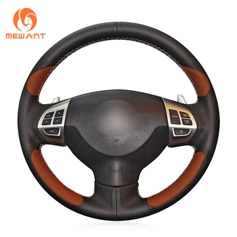 Mewant Black Brown Genuine Leather Car Steering Wheel Cover For