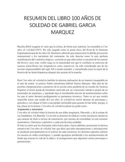 Resumen Del Libro 100 AÑos De Soledad De Gabriel Garcia Marquez