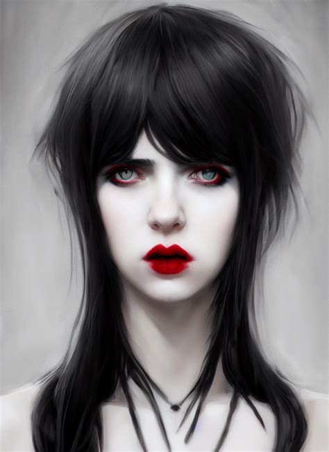 krea portrait of white teenage girl normal face black bangs mall goth cyberlox black and