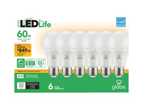 Globe Electric Led A19 E26 Base Dimmable Led Light Bulbs 810 Lumens