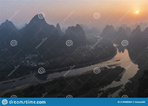 Sunrise Over Xingping Karsts Hills In Xianggong Hill And Li River At