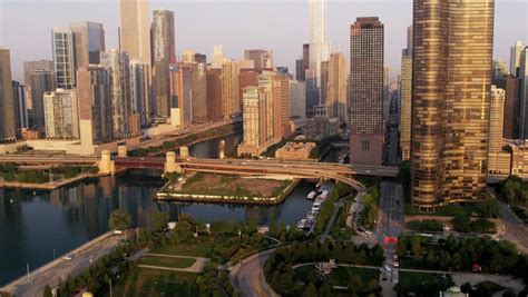 Aerial Sunrise View Downtown Chicago River Stock Footage Video 100