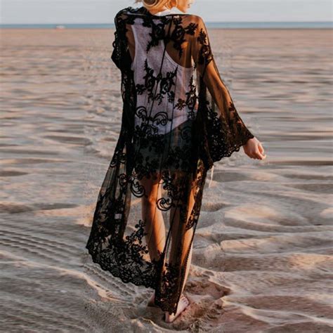 Solid Lace Cover Ups Long Sleeves Beach Dress Embroidered Lace