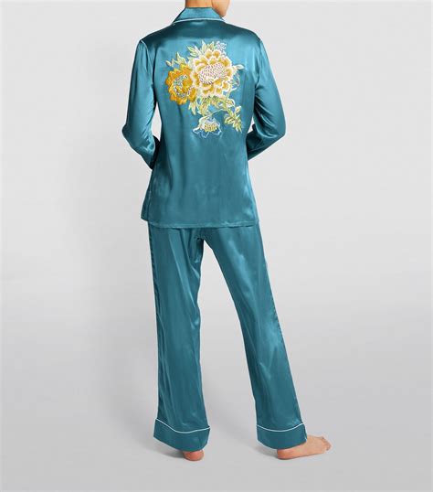 Olivia Von Halle Blue Embroidered Silk Coco Pyjama Set Harrods Uk