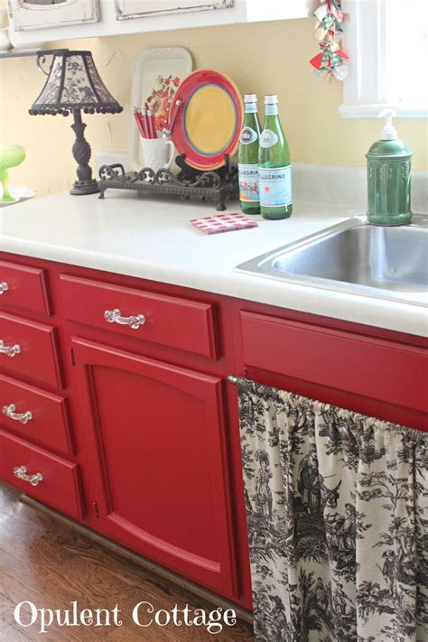 Red wood kitchen white kitchen bench. Opulent Cottage: Our New Red Kitchen Cabinets