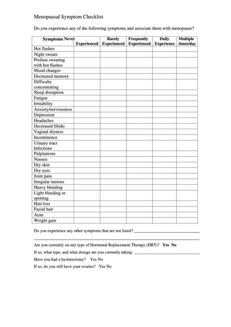 Menopausal Symptom Checklist Printable Pdf Download