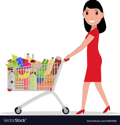 Woman With Shopping Trolley Full Groceries Vector Image
