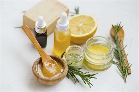 Natural Skincare Ingredients With Manuka Honey Lemon Essential Oil Clay Balm Rosemary Herbs