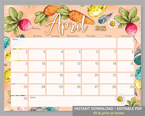 Editable April 2023 Calendar Happy Easter Day With Cute Chicken Duck