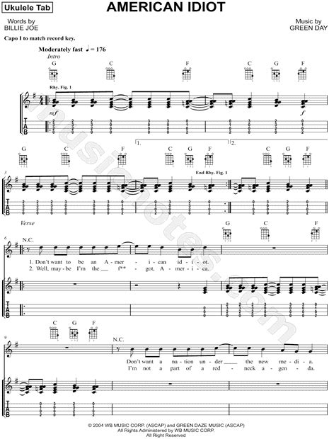 Green Day American Idiot Ukulele Tab In G Major Download And Print