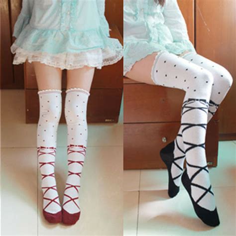 Women Girl Cute Ballet Shoe Lolita Stocking Knee Thigh