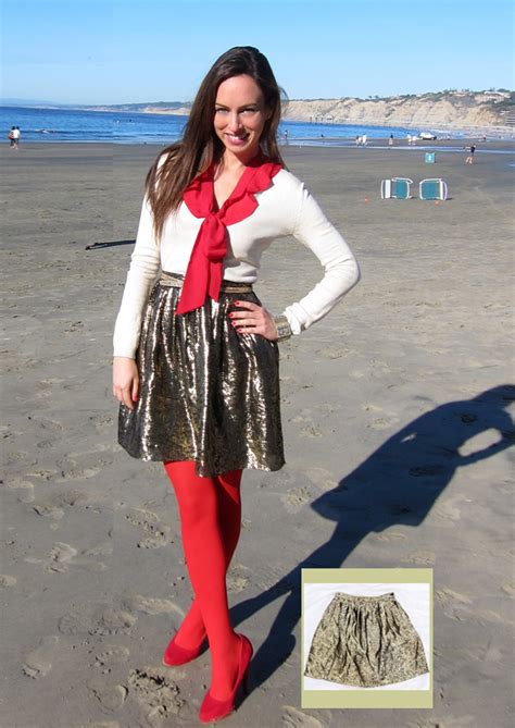 Christmas Outfit Red Tights Red Shoes Gold Skirt Cream Cardigan Sydne