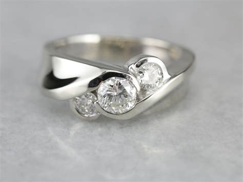 Modern Three Diamond Anniversary Ring Bezel Set Diamond Ring Three