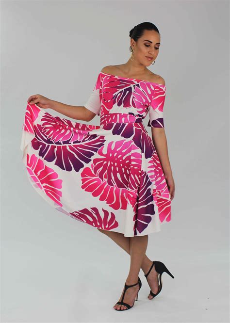 Mena Pacific Island Designs Pink Tropical Leaf Dress Island Dress