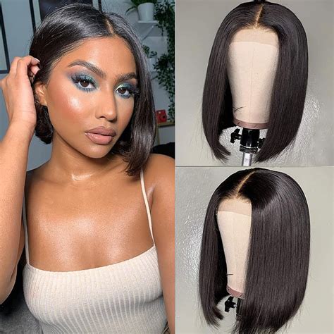 short bob wigs human hair 8 inch straight bob lace front wig 4x4 lace closure wigs for black