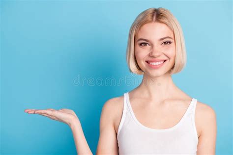 Portrait Of Attractive Cheerful Blond Girl Holding On Palm Copy Blank