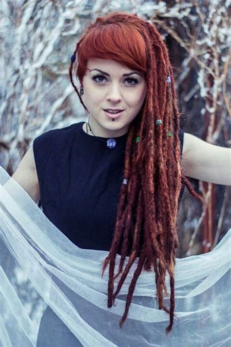 There are plenty of updo styles that can be done on dreaded hair especially ones. red hair dreads with bangs | Red dreads, Dread hairstyles, Dyed dreads