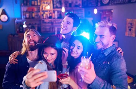 Selfie Time Young Group Friends Partying Nightclub Toasting Drinks