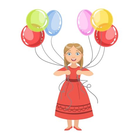 Premium Vector Girl In Red Dress Holding Six Colorful Balloons