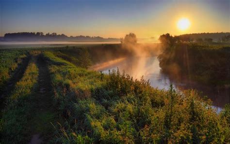 Hd Misty Sunrise On Rural River Wallpaper Download Free 64154