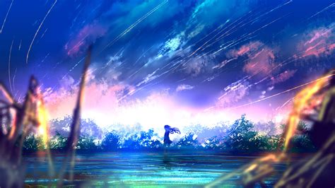 Download 3840x2160 Anime Girl Falling Stars Scenic Colorful
