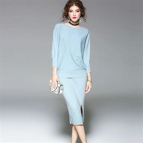 Knit Suits Women Two Pieces Set Stretch Blends Knitted Batwing Sleeves