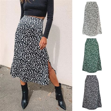 Leopard Print Skirts Summer Women High Elastic Waist Knee Length Side