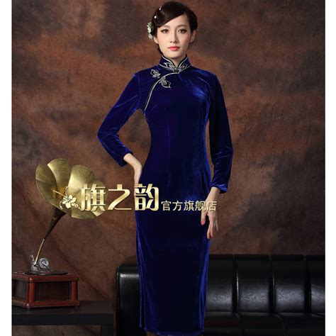 Traditional Velvet Long Cheongsam Dress Blue Qipao Cheongsam Dresses Women