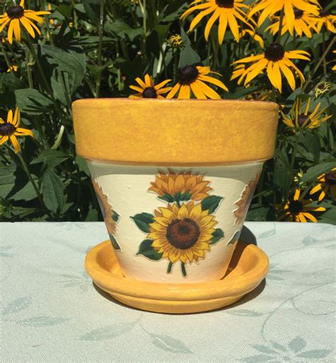 Sunflower Flower Pot With Saucer Sunflower Planter Etsy Painted