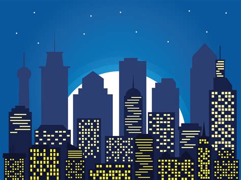 Night Silhouette Of The City And Full Moon With Stars Cartoon Style