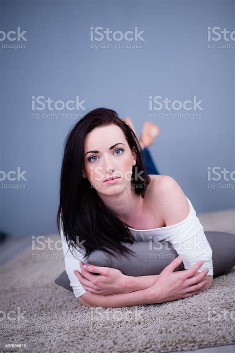 Portrait Cheerful Young Caucasian Woman With Black Hair Blue Eyes Stock