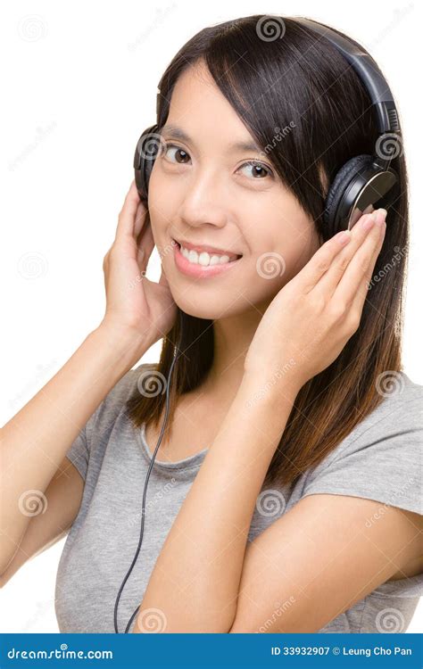 Asian Woman Listen Music With Headphone Stock Image Image Of Earphone Korean 33932907