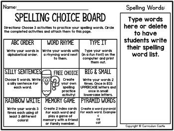 FREE Spelling Choice Board Menu Editable Activities By Curriculum Castle