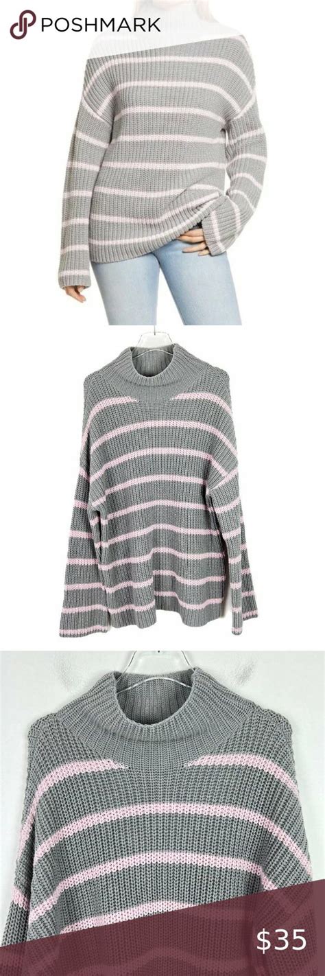 Nwt Caslon Shaker Mock Neck Sweater In Grey Pink Stripe Size Large L