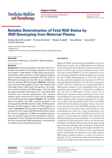 Pdf Reliable Determination Of Fetal Rhd Status By Rhd Genotyping From Maternal Plasma