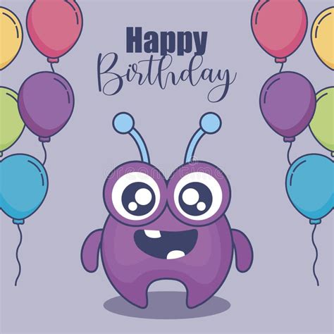 Cute Monster With Balloons Helium Birthday Card Stock Vector