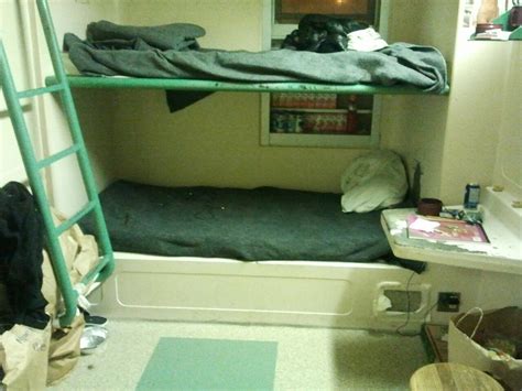 A Bunk Bed In A Small Room With Green Ladders
