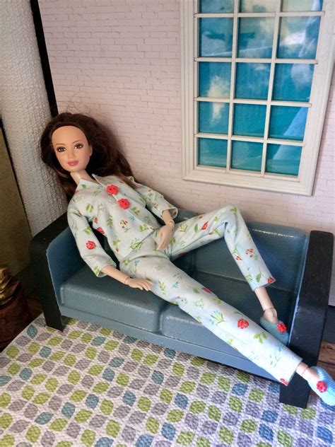 Barbie Doll Size Shabby Chic Cotton Pajamas Pjs Outfit Retro Light Blue With Flowers By