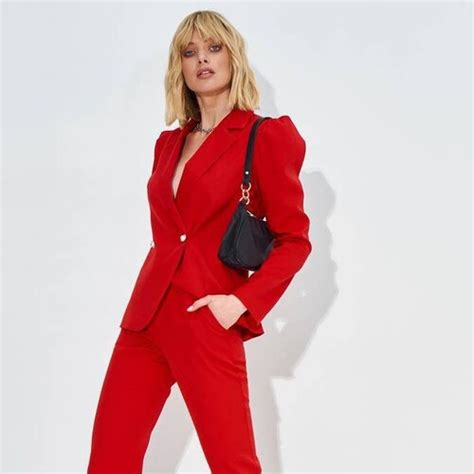 Red Bell Bottom Pants Suit Set With Red Blazer Puffed Sleeve Etsy