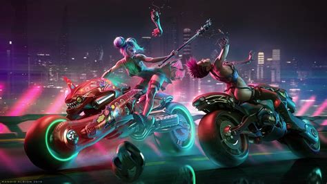 Cyberpunk Girls Motorcycle Race Battle 4k 41064