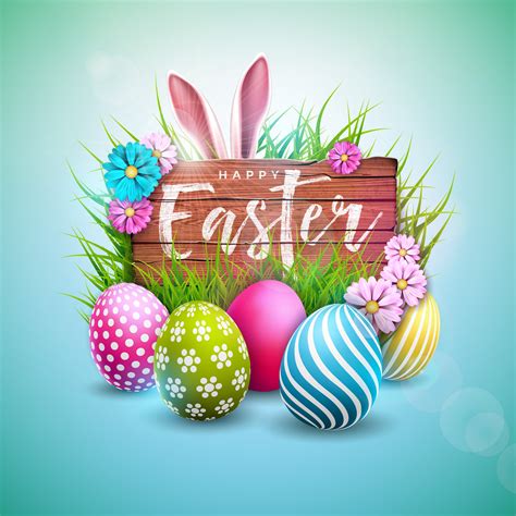 Happy Easter Holiday Design With Painted Egg Flower And Rabbit Ears On