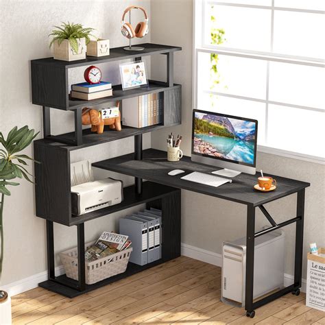 Buy Tribesigns Rotating Computer Desk With Shelves Bookshelf Modern L Shaped Corner Desk With