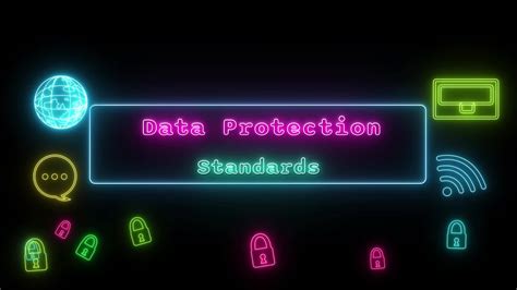 Data Protection Standards Neon Pink Green Fluorescent Text Animation Blue Frame On Black