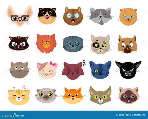 Cats Avatars Flat Cat Faces Isolated Kitten Heads With Eyes Animals