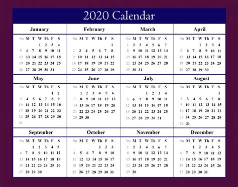 2020 Year Calendar Printable