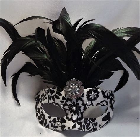 Black And White Masquerade Maskdamask Handmade Crystal Feather Mask