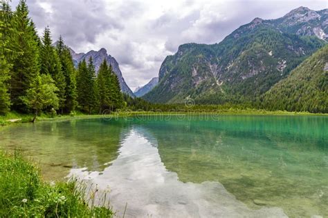 Lake Dobbiaco Toblacher See Lago Di Dobbiaco In Dolomite Alps South