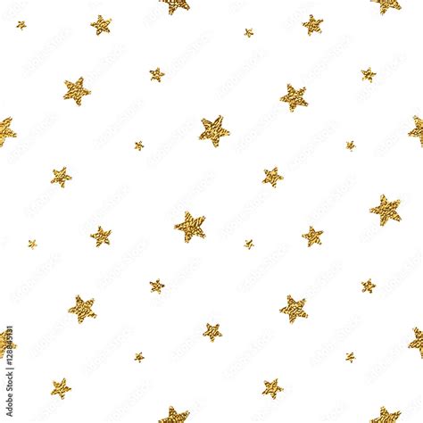 Grunge Seamless Pattern Of Gold Glitter Stars On White Background Hand