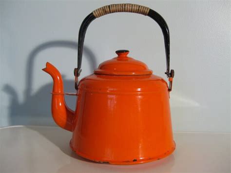 Rustic Orange Enamel Tea Kettle For Display