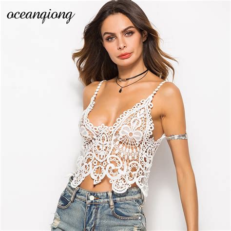 Women Summer Tank Top 2018 Casual Tank Sexy Lace Crop Tops Hollow Out Bralettes Female Deep V
